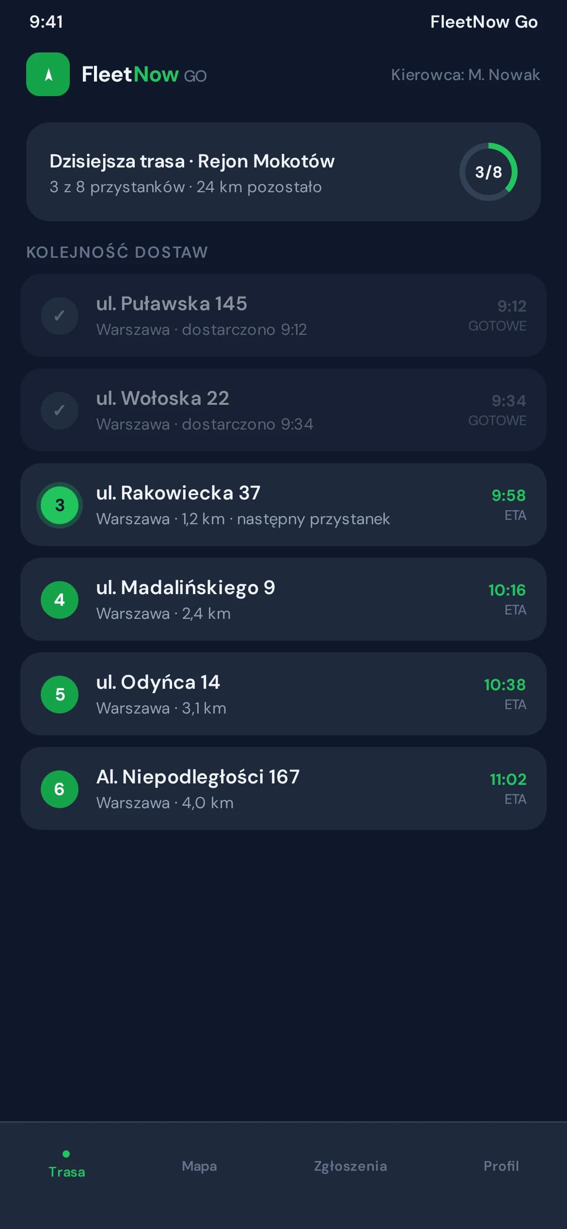 Lista przystanków z przykładowymi adresami w aplikacji FleetNow Go